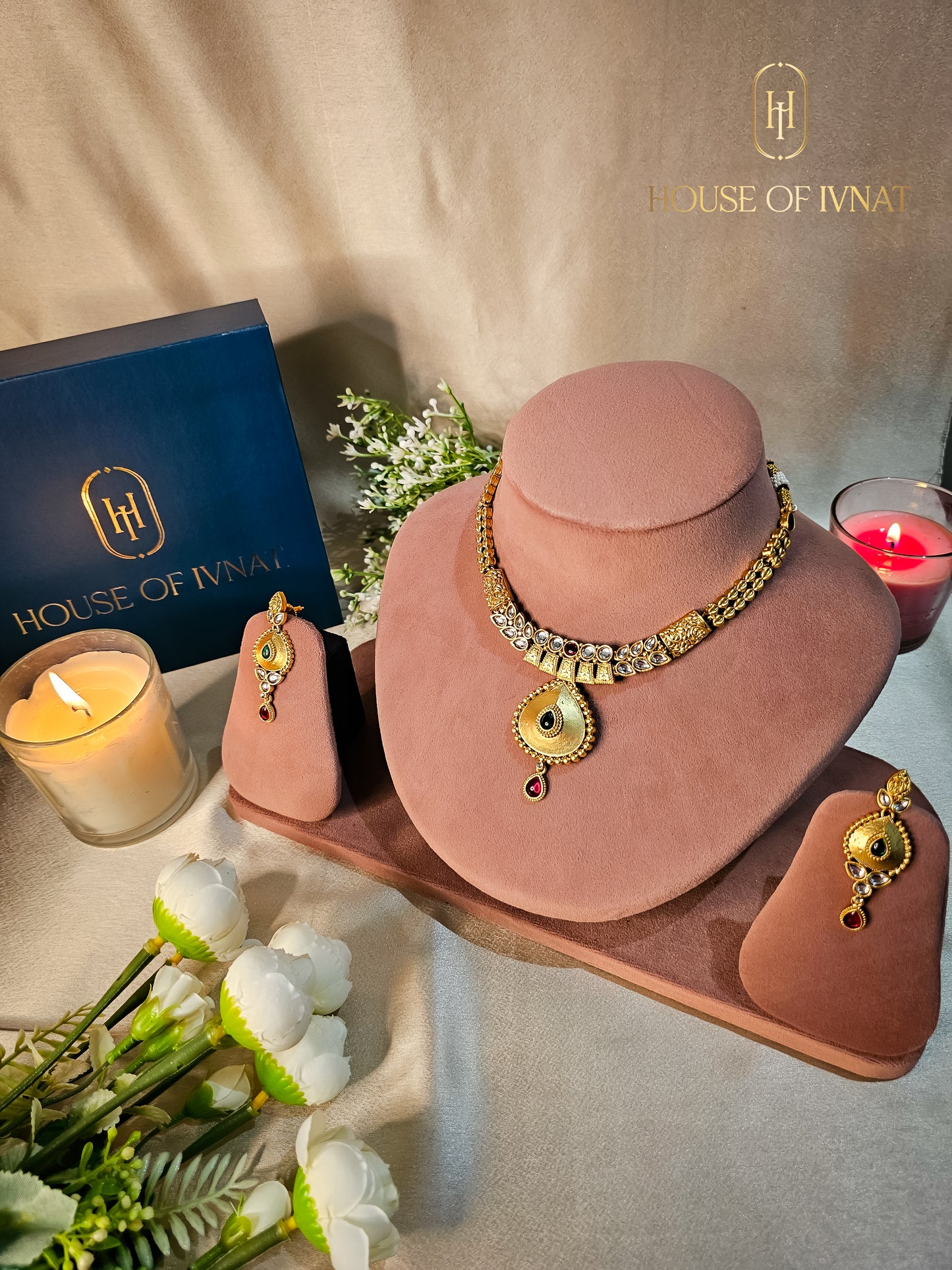Mira Gold Plated Necklace Set- Ruby, Emerald