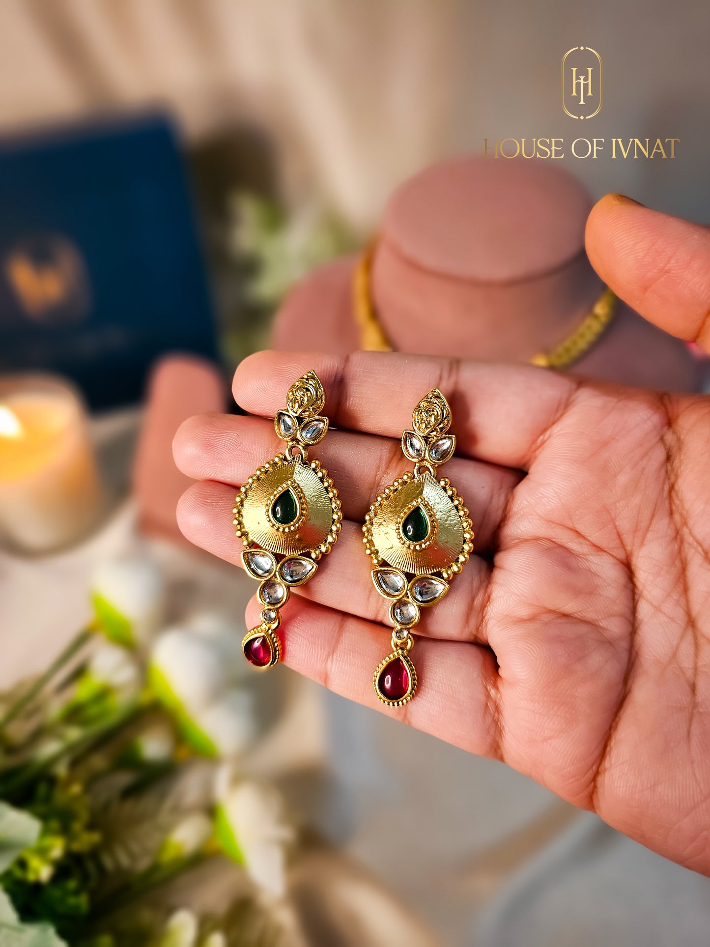 Mira Gold Plated Necklace Set- Ruby, Emerald
