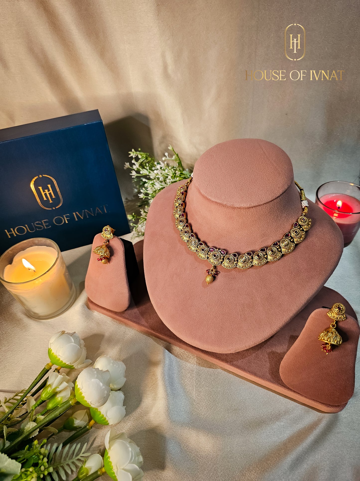 Savya Gold Plated Necklace Set- Ruby