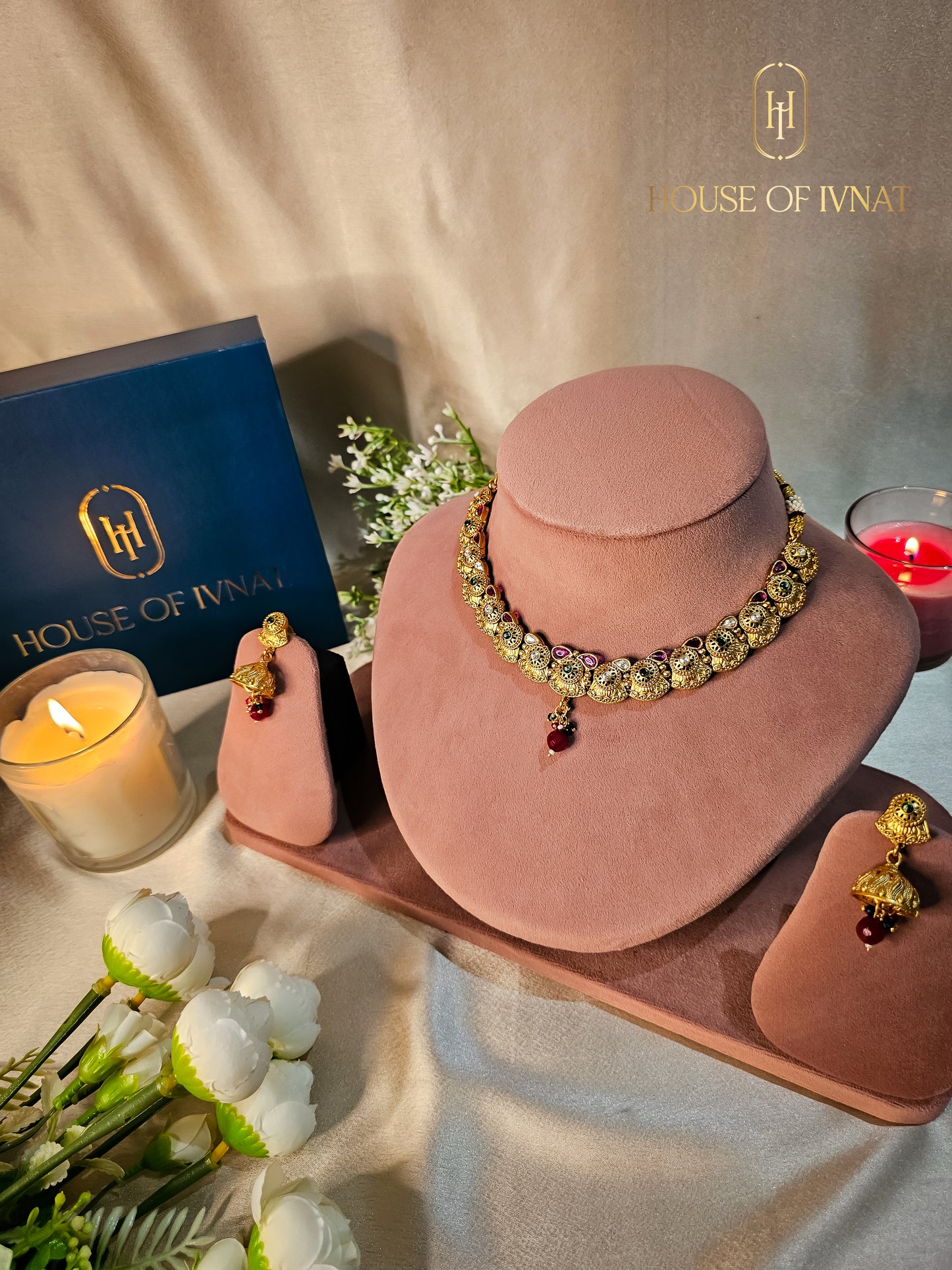 Savya Gold Plated Necklace Set- Ruby, Emerald