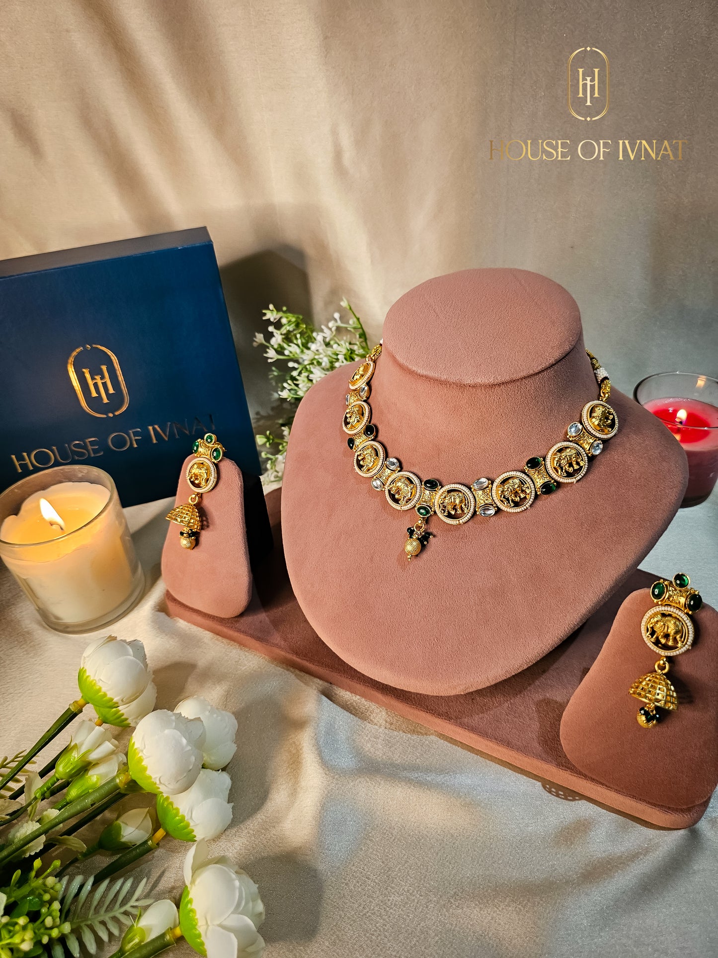Riddhi Gold Plated Temple Necklace Set- Emerald