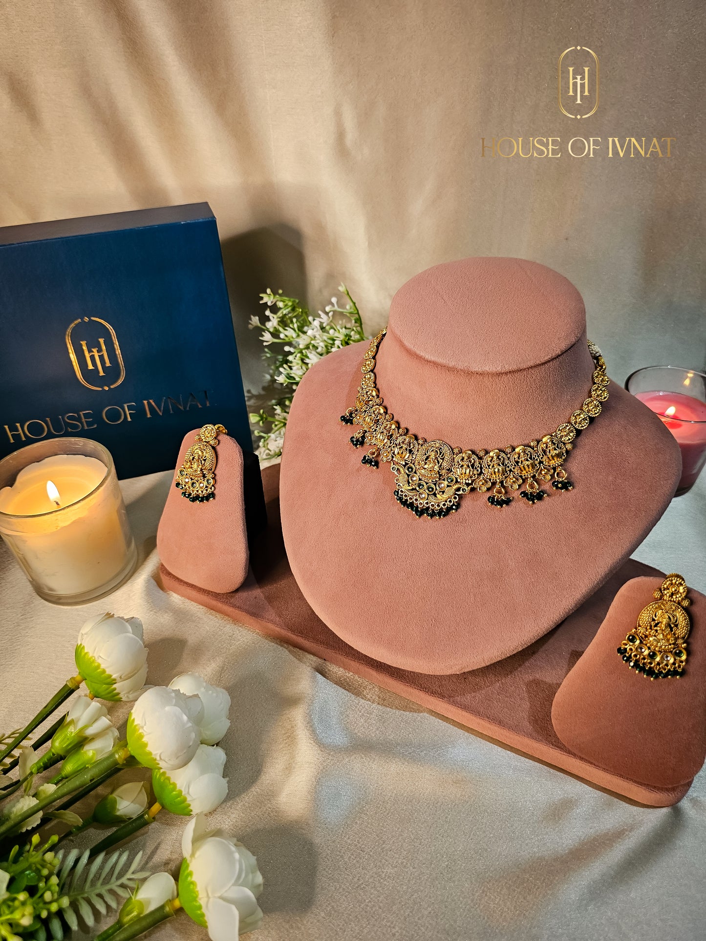 Saanvi Gold Plated Temple Necklace Set- Emerald