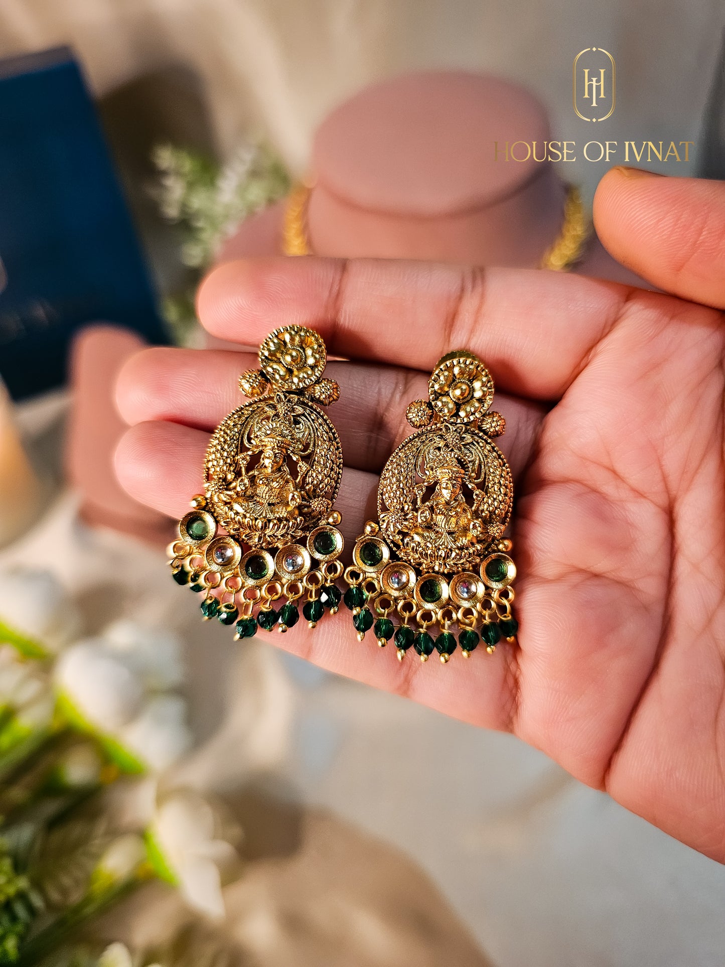 Saanvi Gold Plated Temple Necklace Set- Emerald