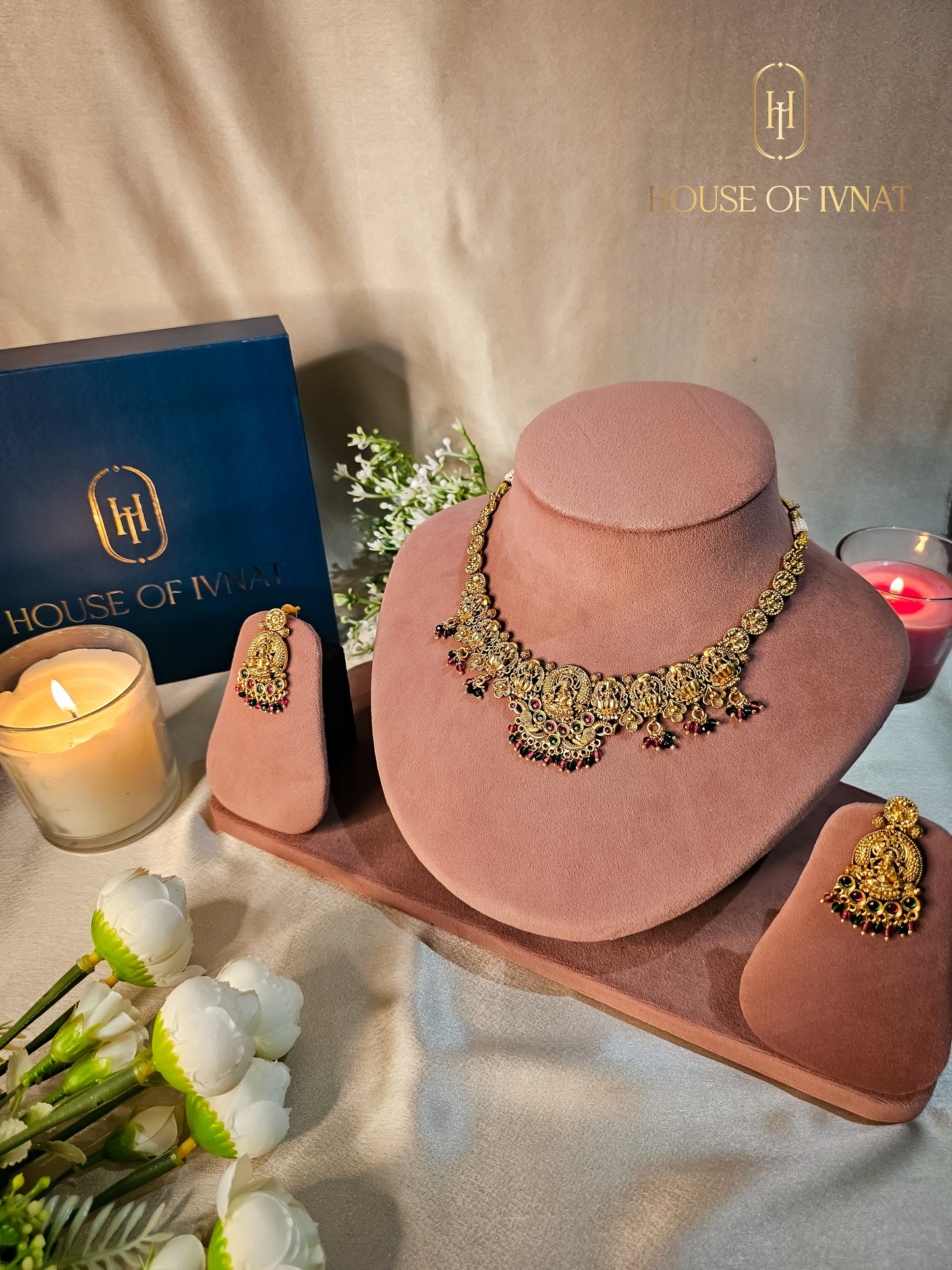 Saanvi Gold Plated Temple Necklace Set- Ruby, Emerald