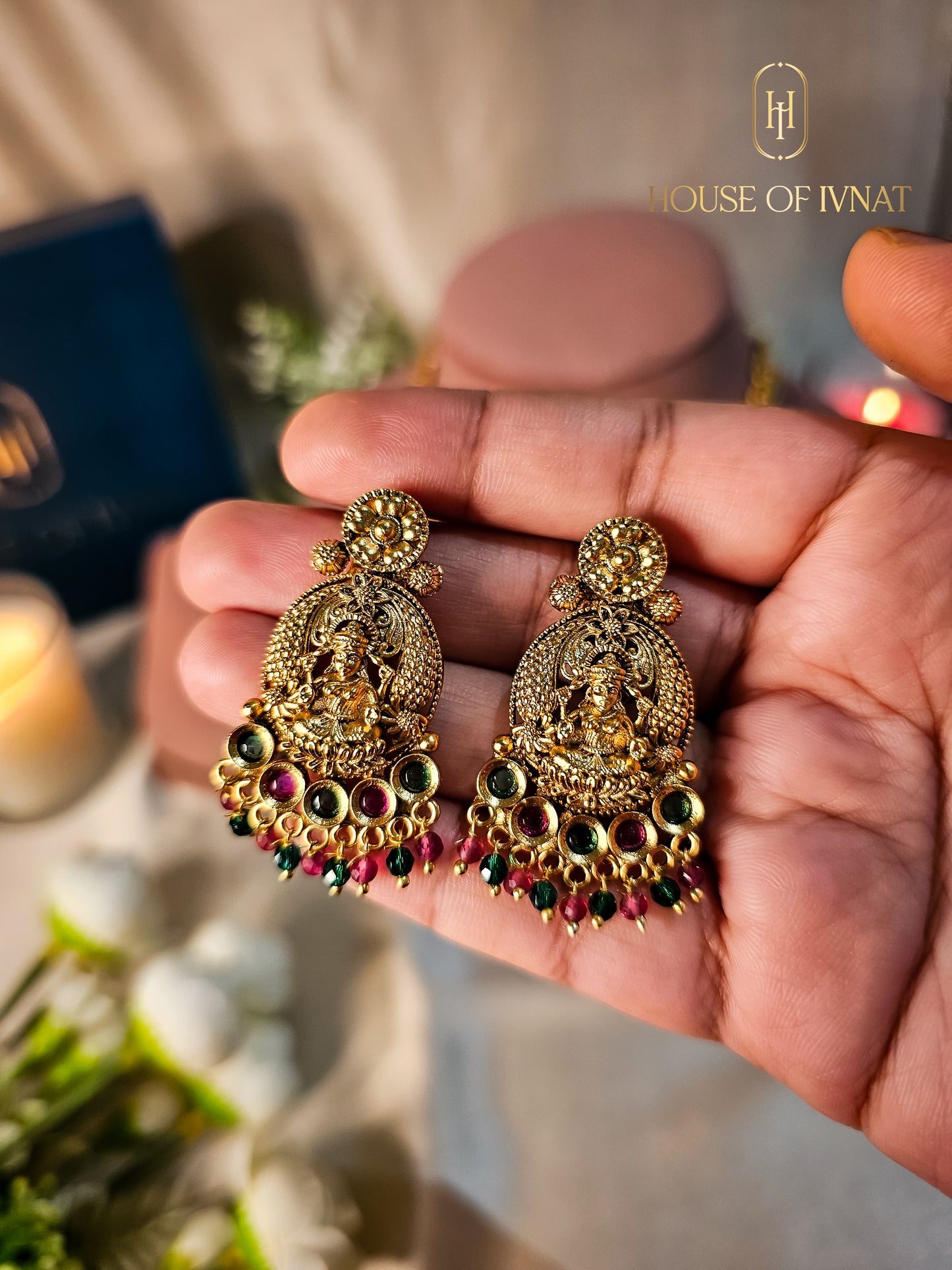 Saanvi Gold Plated Temple Necklace Set- Ruby, Emerald