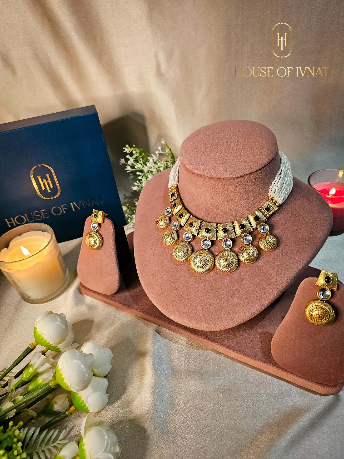 Vedika Gold Plated Necklace Set With Pearl Stands- Ruby, Emerald