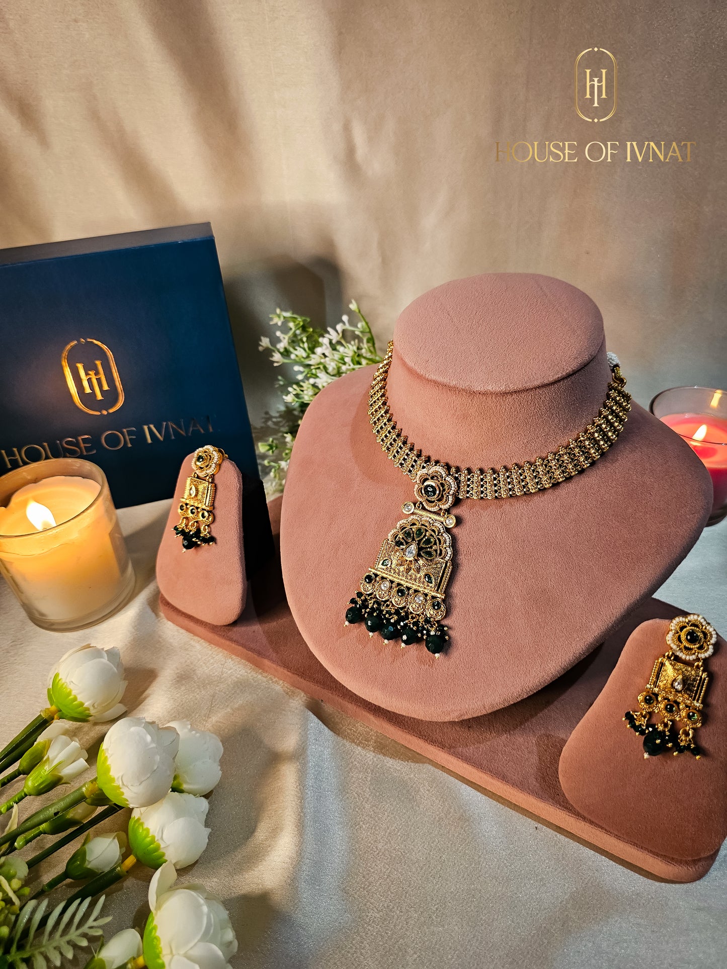 Kalyani Gold Plated Necklace Set- Emerald