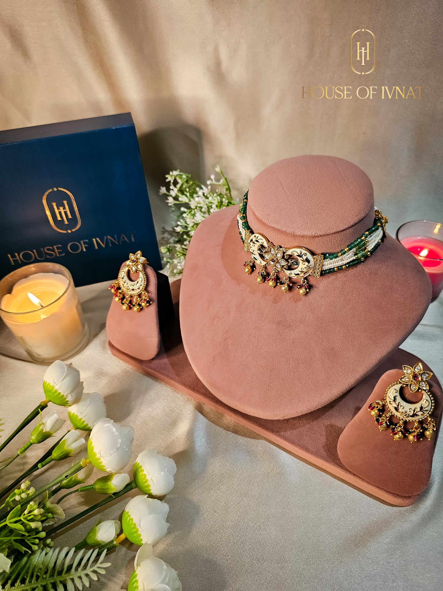 Aashvi Gold Plated Choker Set With Jade Onyx Pearl Strands and Meenakari Work
