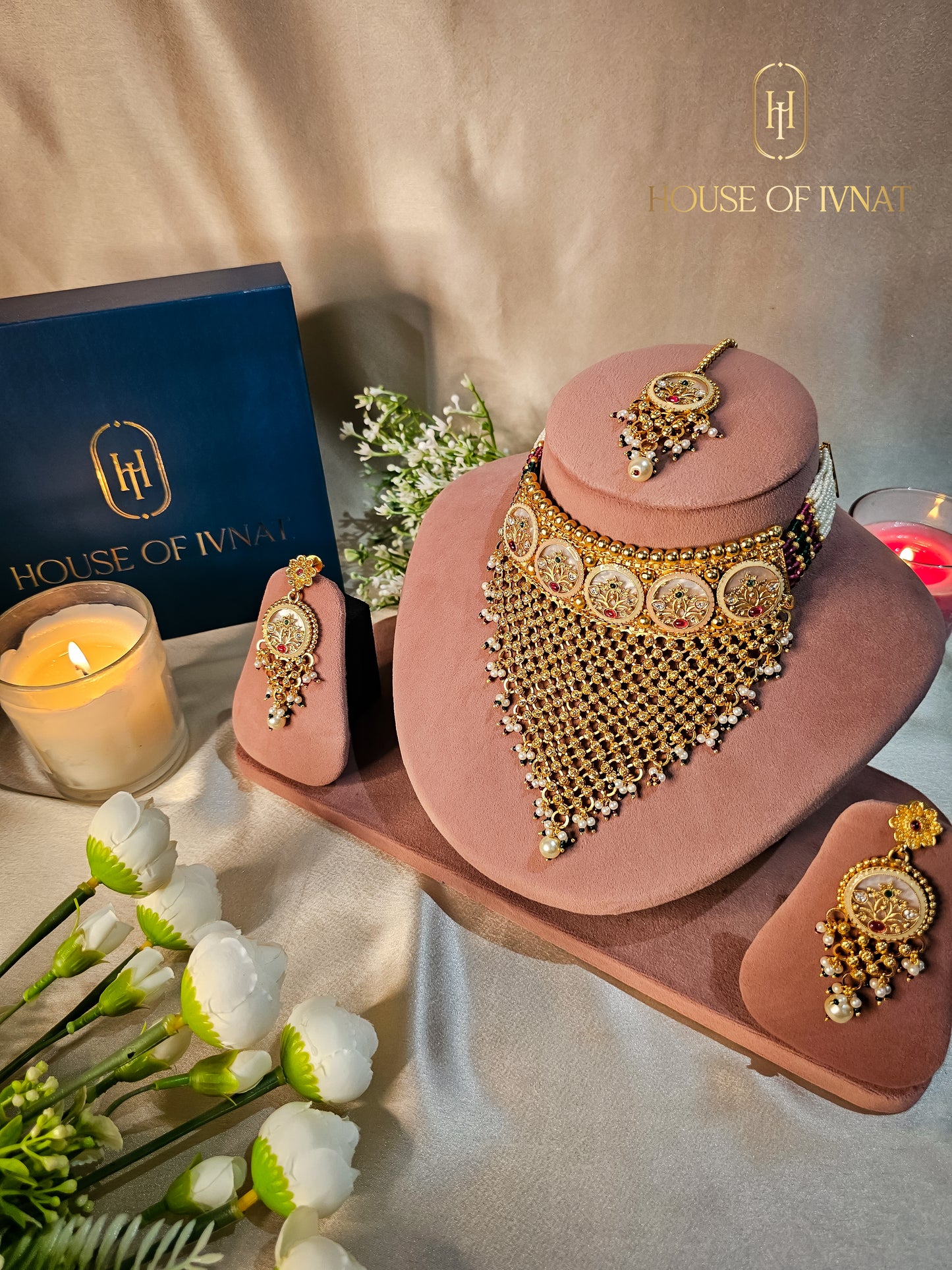 Mahalaxmi Gold Plated Choker Set With Mother Of Pearl Work and Pearl Strands