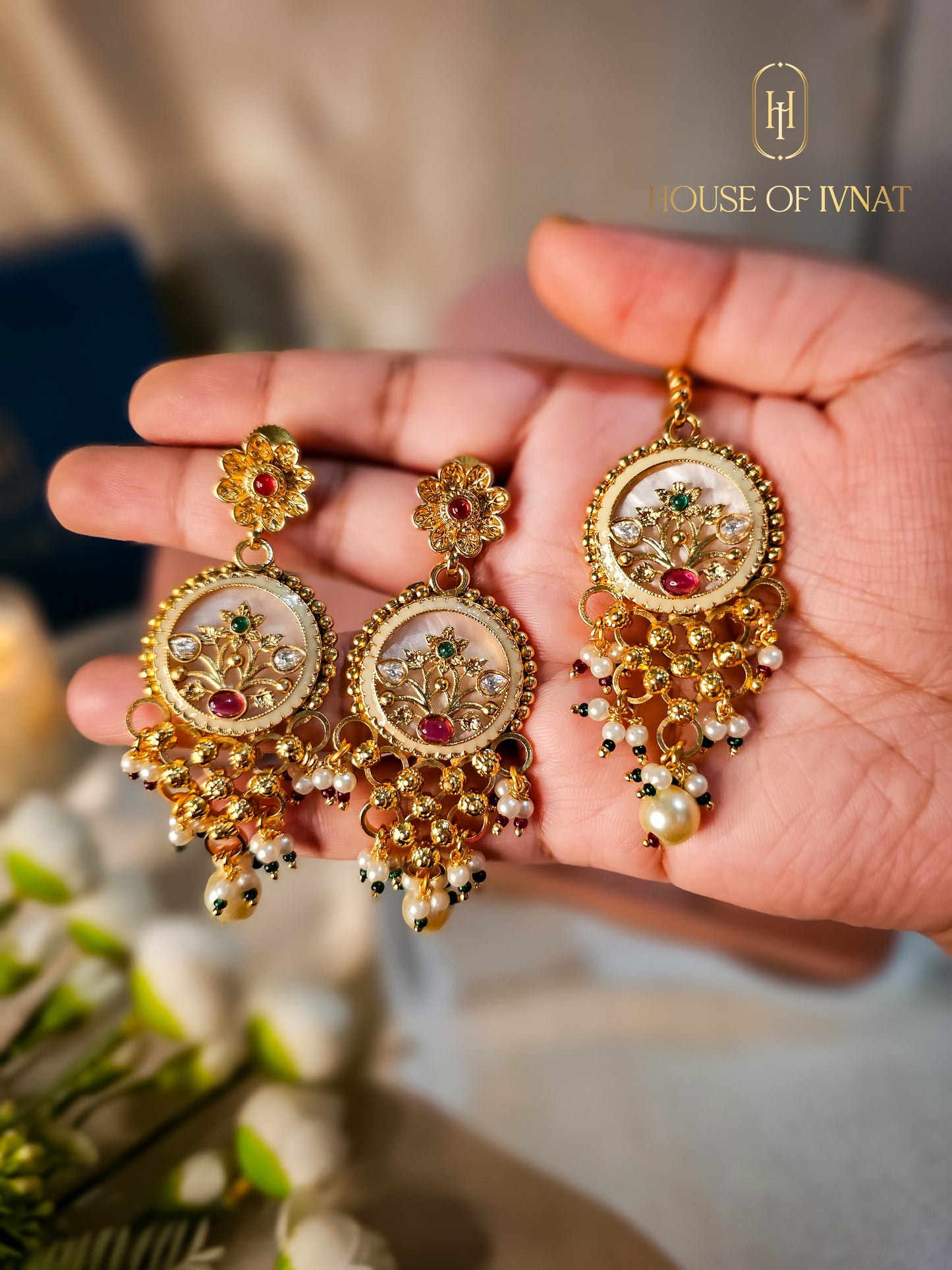 Mahalaxmi Gold Plated Choker Set With Mother Of Pearl Work and Pearl Strands