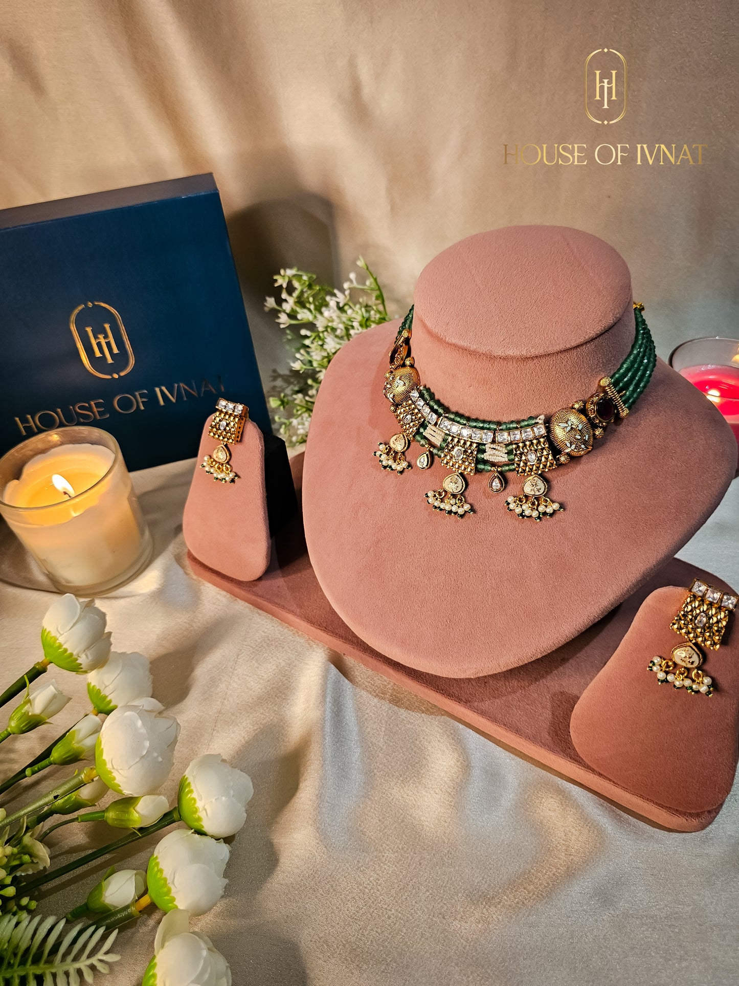 Jivika Gold Plated Necklace Set With Jade Onyx Pearl Strands and Meenakari Work