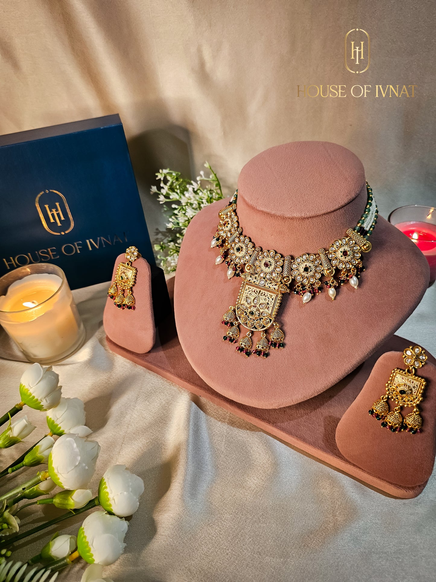 Surili Gold Plated Necklace Set With Meenakari Work and Jade Onyx Pearl Strands