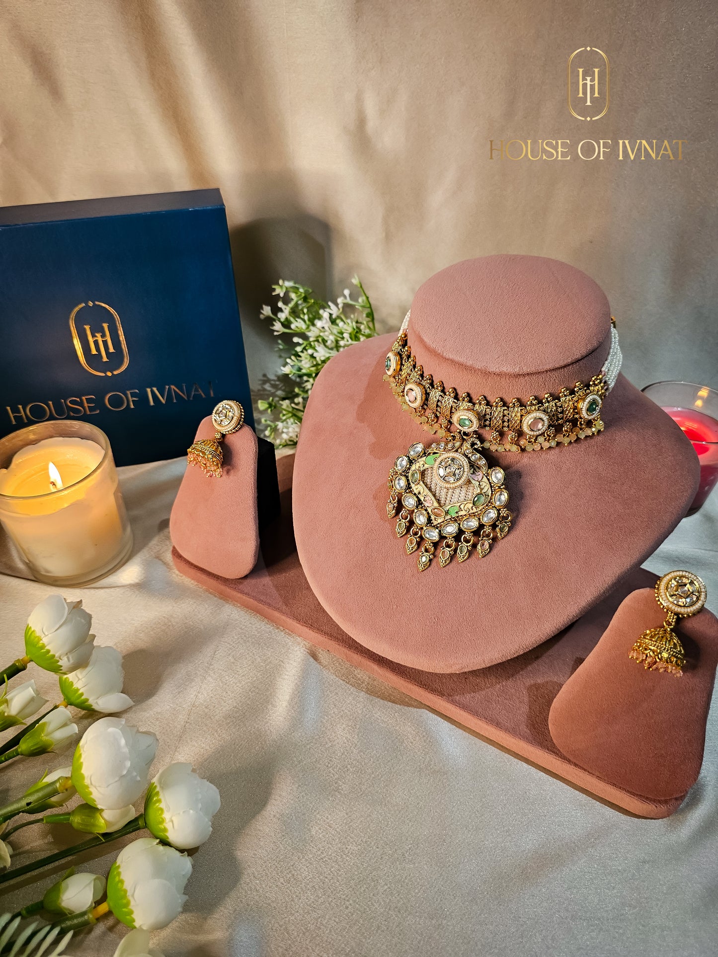 Ipsita Gold Plated Choker Set With Meenakari and Pearl Design- Mint, Pink