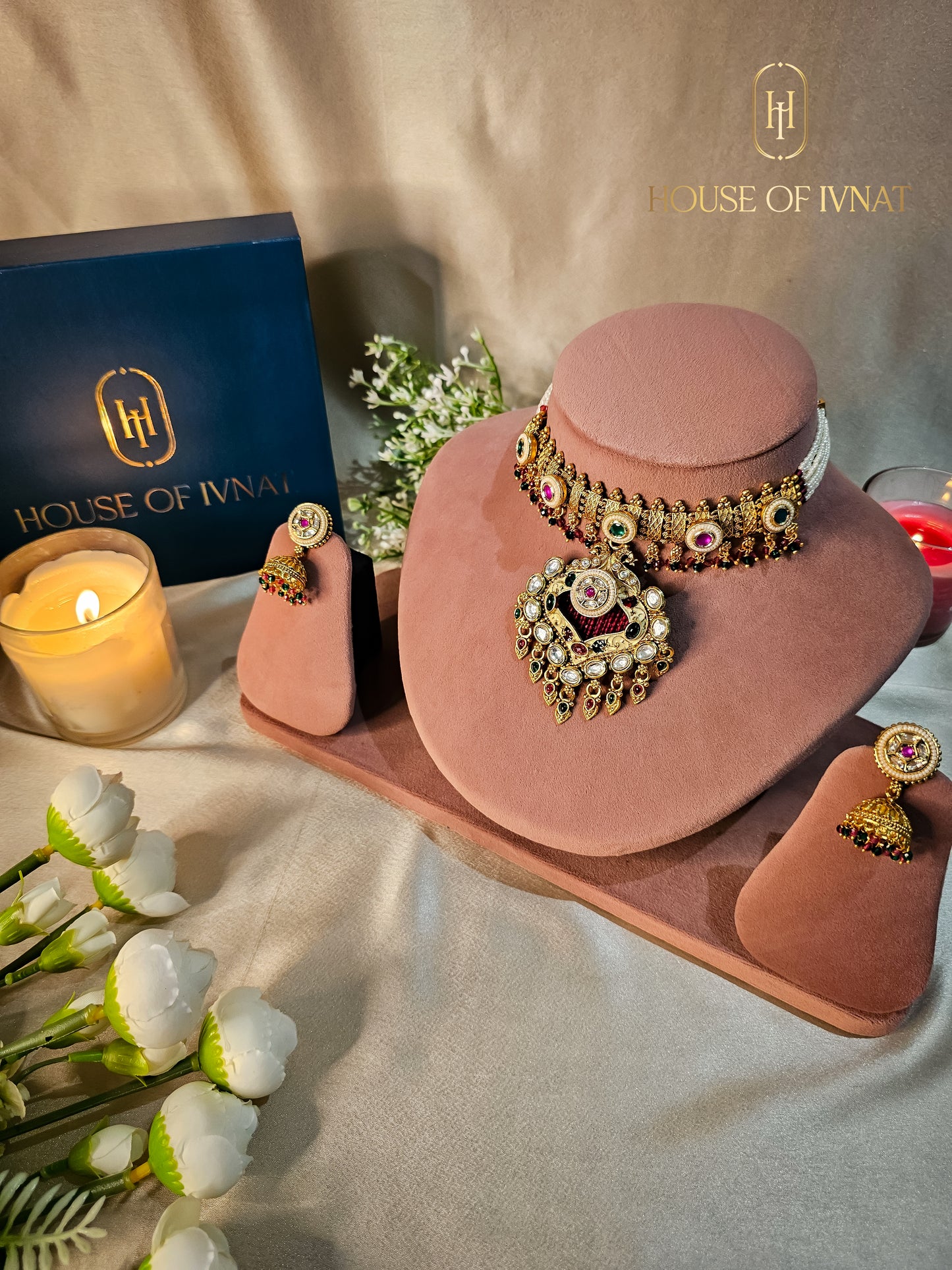 Ipsita Gold Plated Choker Set With Meenakari and Pearl Design- Ruby, Emerald