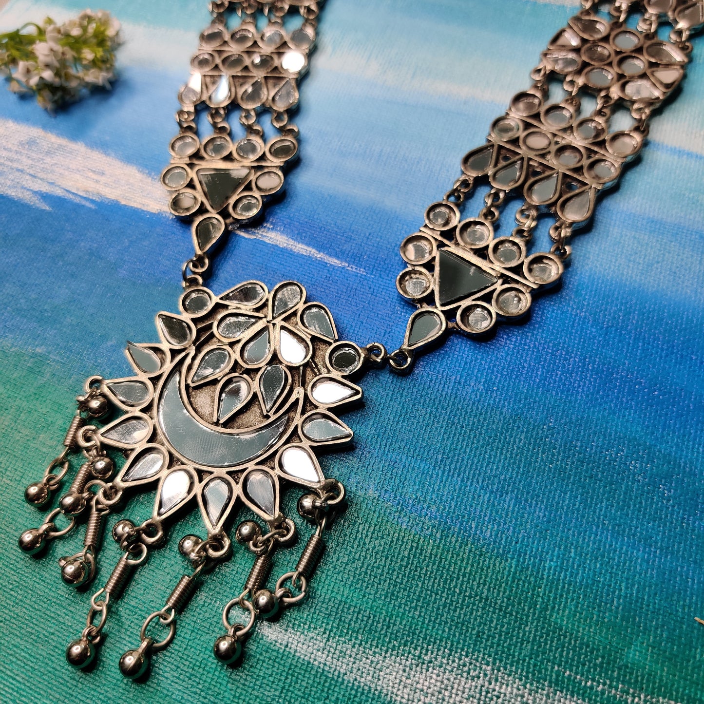 Priyali Mirrorwork Long Silver Necklace With Earrings