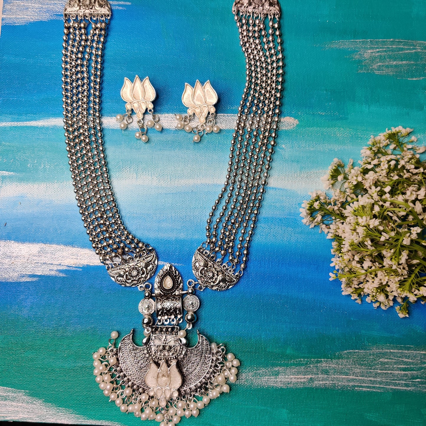 Manasvita Long Silver Necklace With Earrings