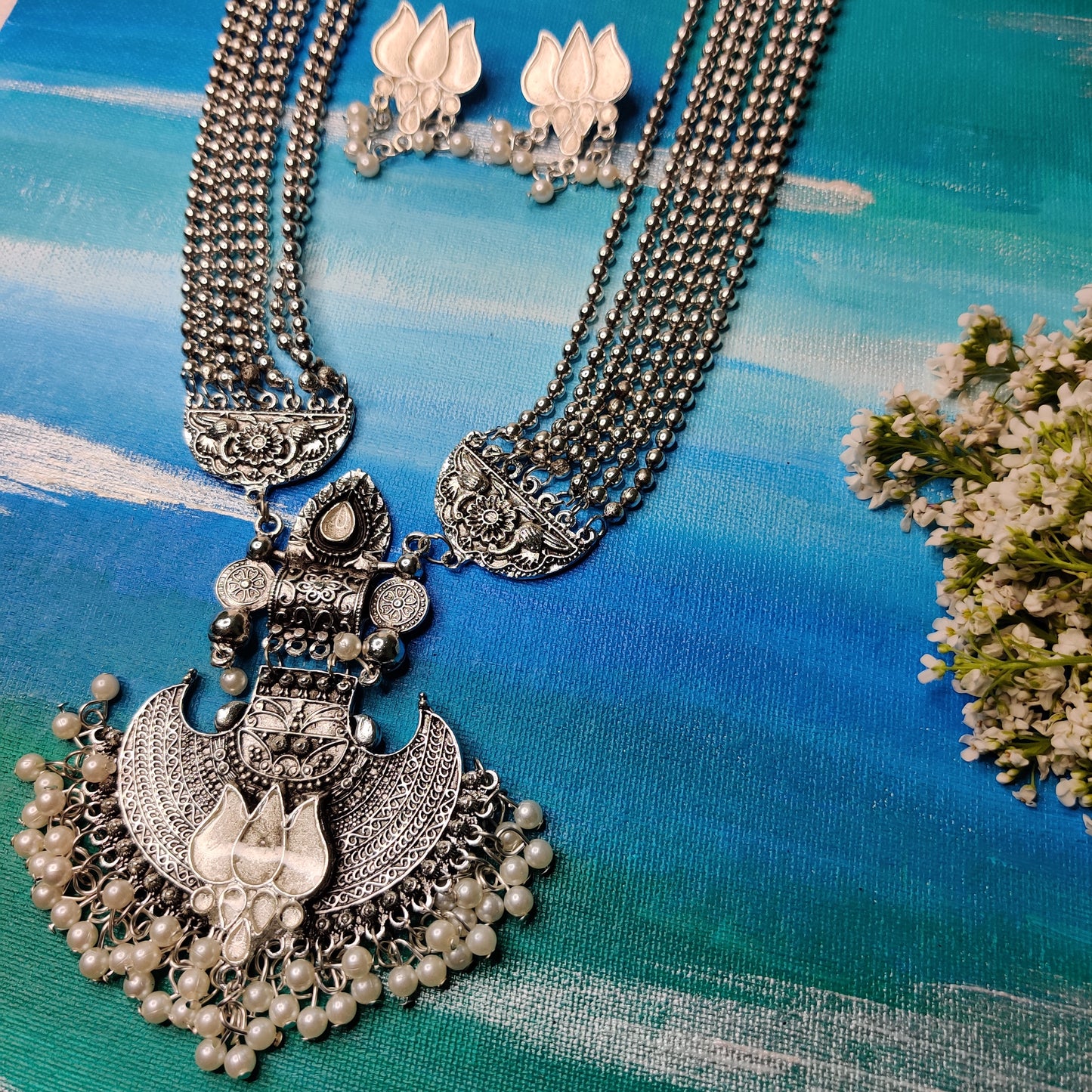 Manasvita Long Silver Necklace With Earrings