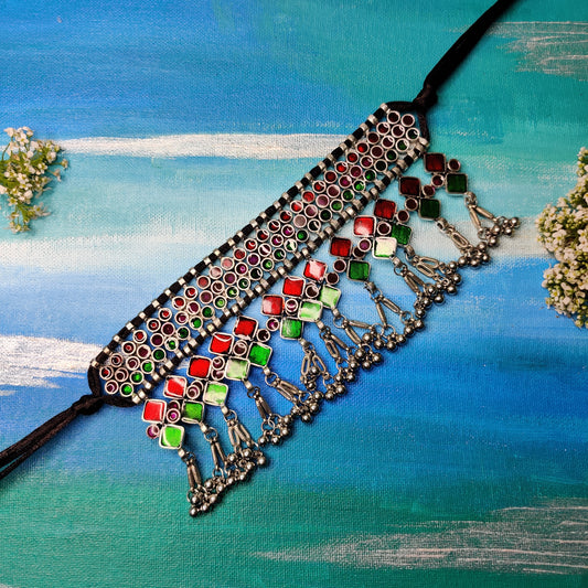 Dhanyasri Silver Choker- Red Green