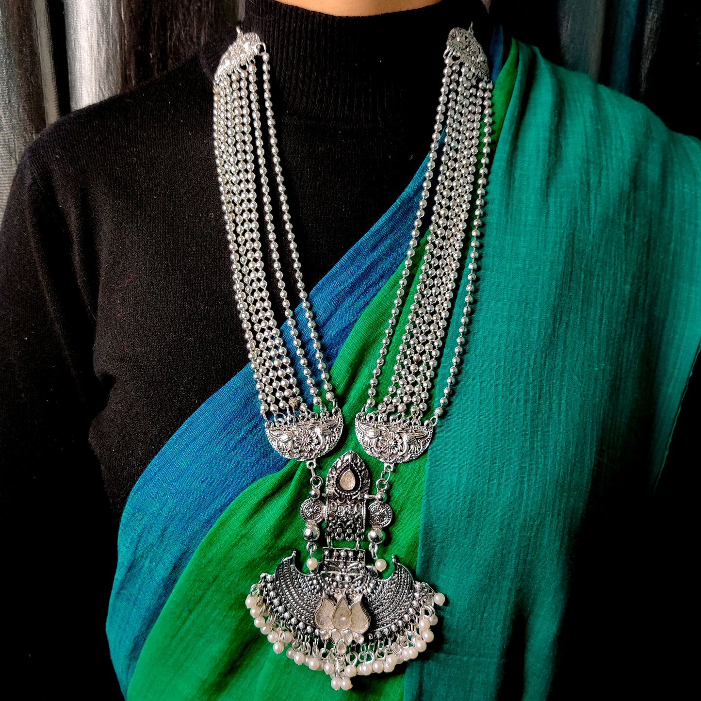 Manasvita Long Silver Necklace With Earrings