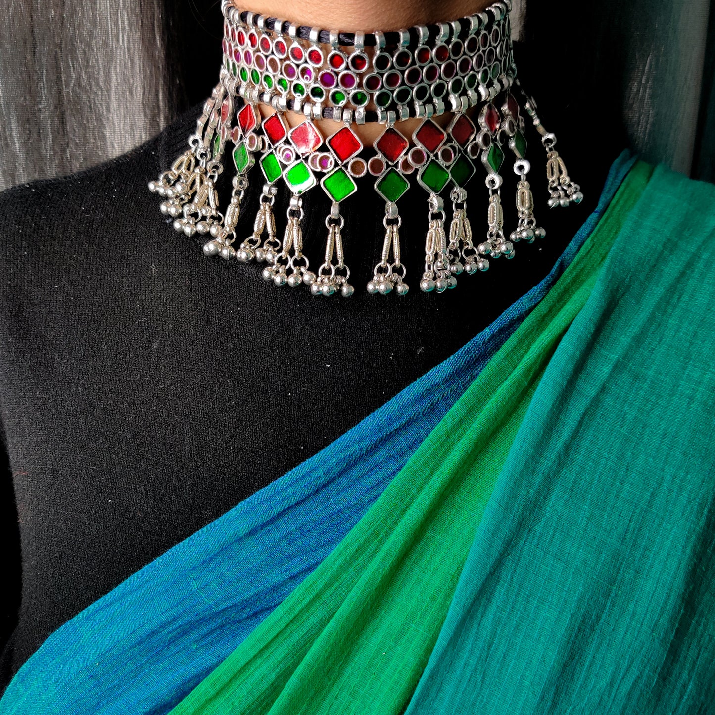 Dhanyasri Silver Choker- Red Green