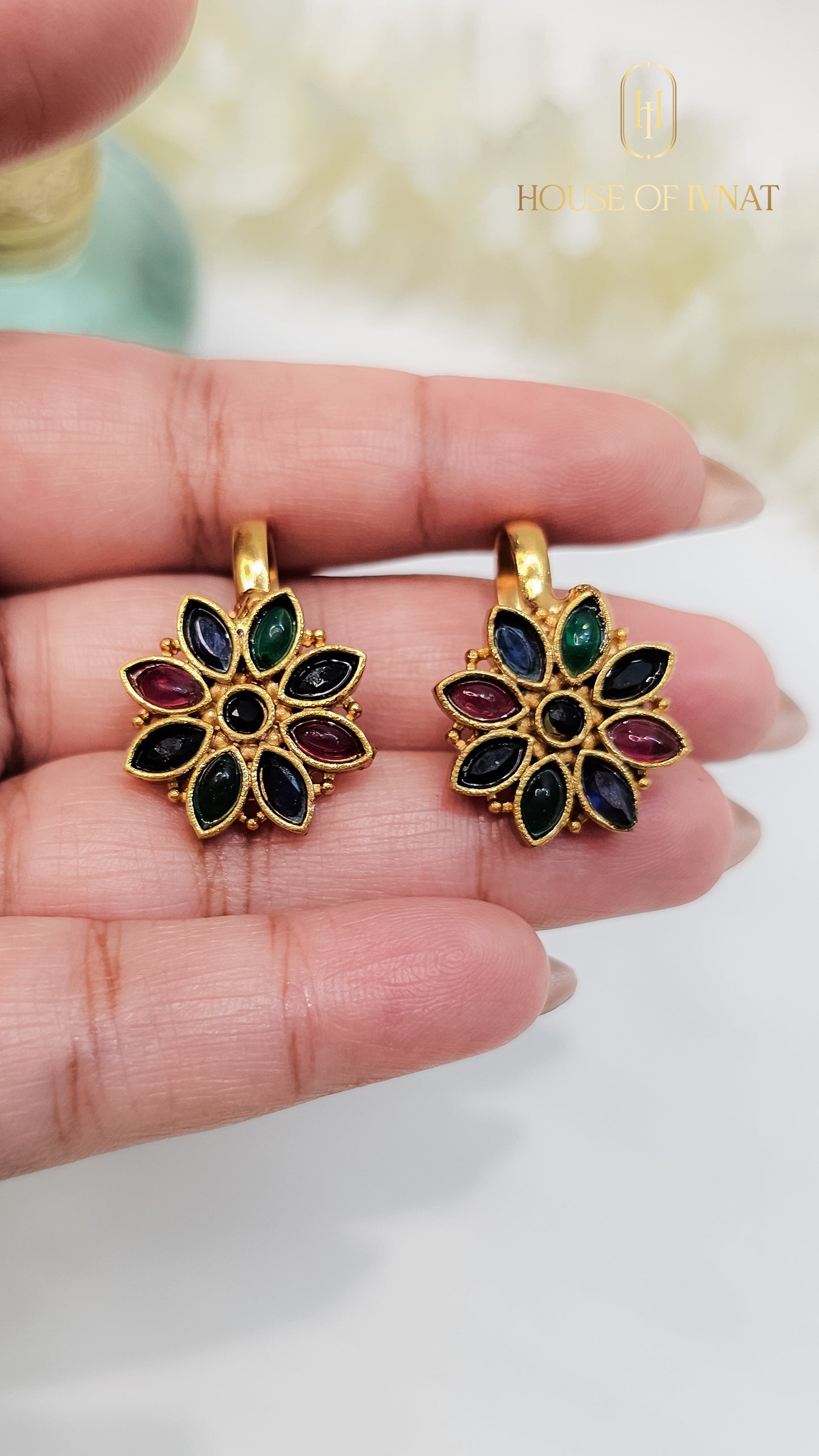 Flower Bugadi Earrings- Green,Ruby