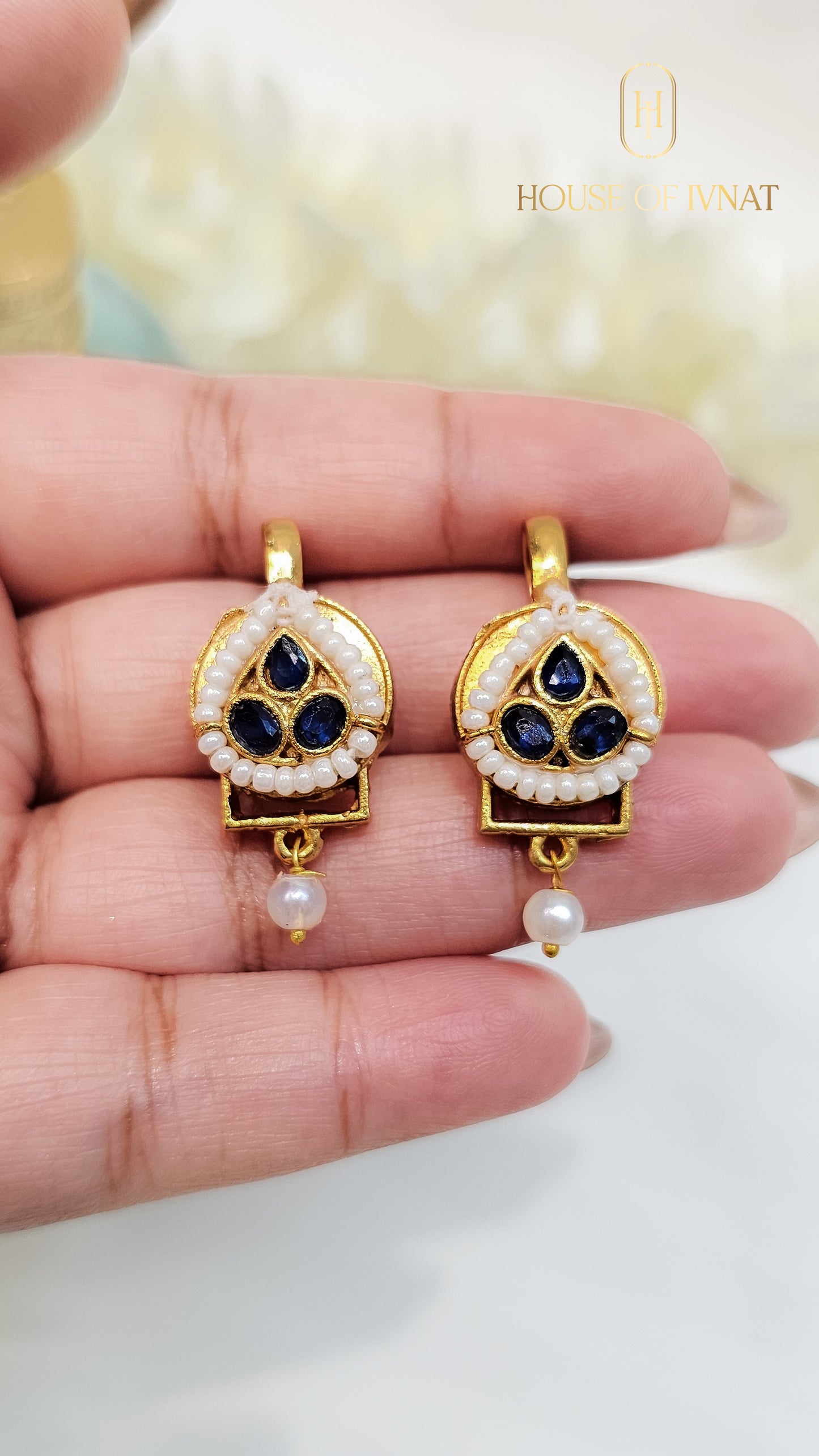 Pearl Detailing Bugadi Earrings- Navy Blue