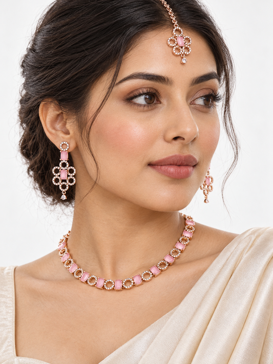 Aalia Rose-gold Diamond Set With Maangtika- Pink