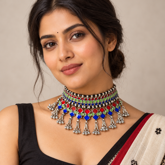Dhanyasri Silver Choker-Green Blue
