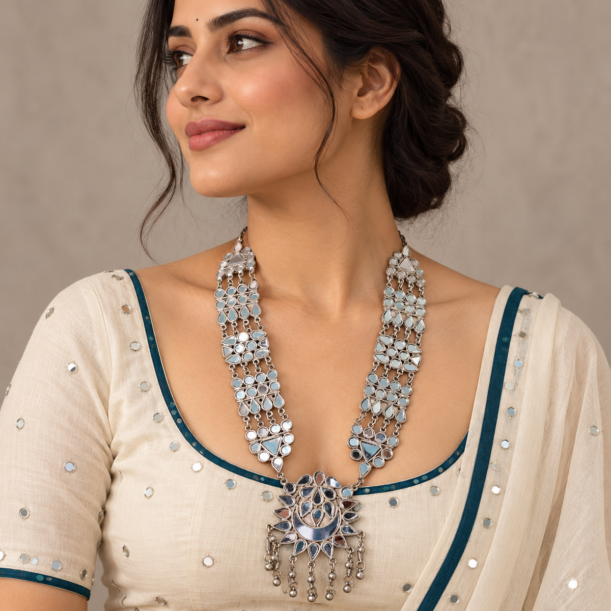 Priyali Mirrorwork Long Silver Necklace With Earrings