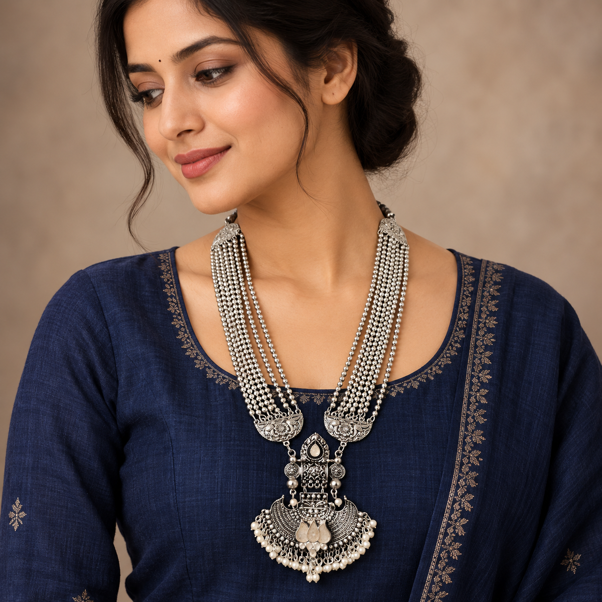 Manasvita Long Silver Necklace With Earrings