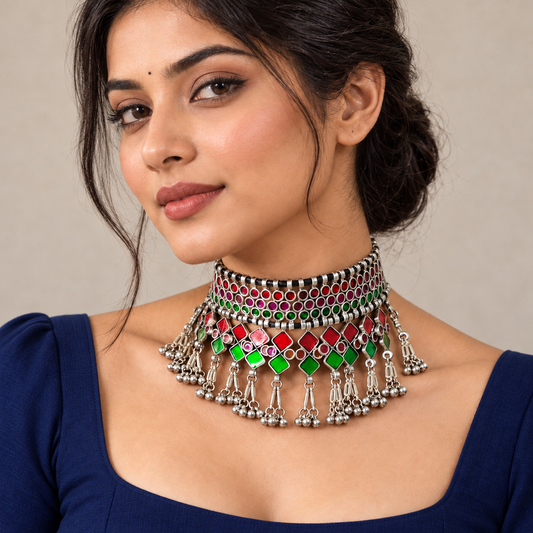 Dhanyasri Silver Choker- Red Green