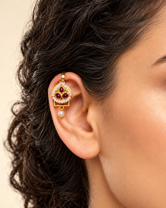 Pearl Detailing Bugadi Earrings- Ruby