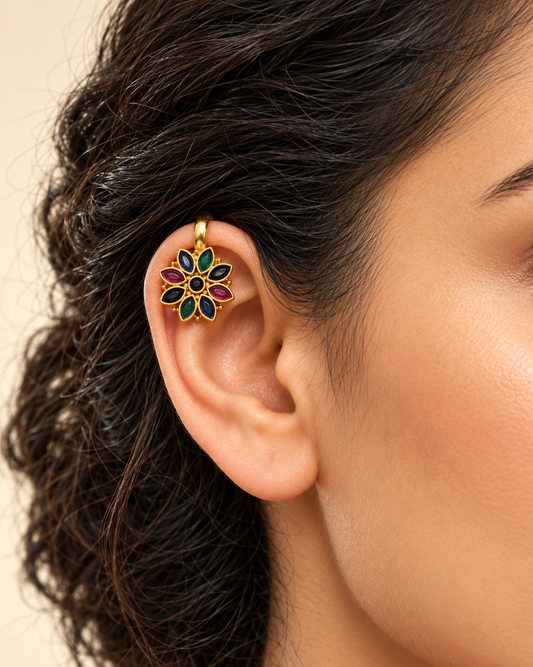 Flower Bugadi Earrings- Green,Ruby