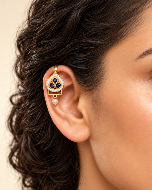 Pearl Detailing Bugadi Earrings- Navy Blue