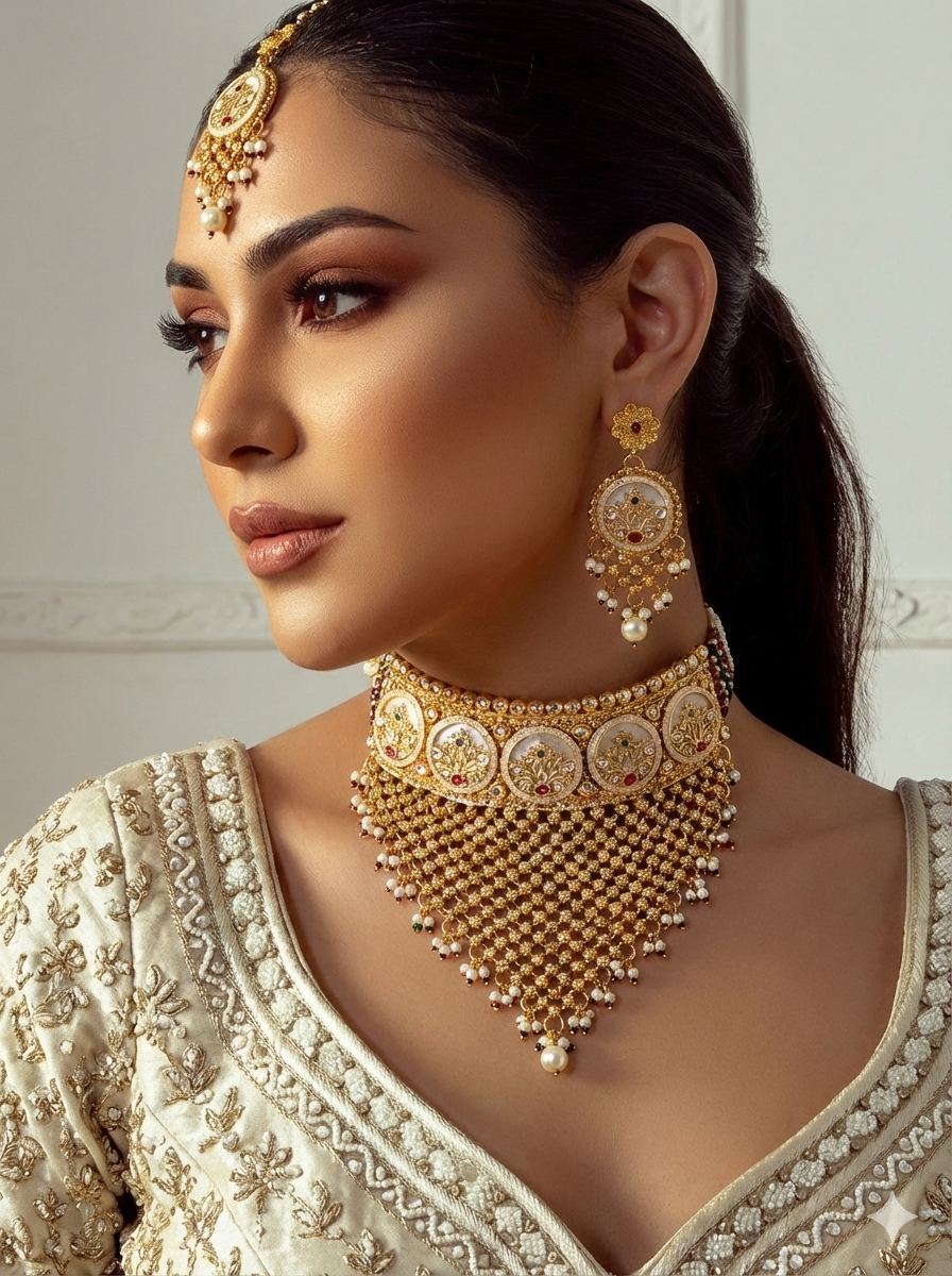 Mahalaxmi Gold Plated Choker Set With Mother Of Pearl Work and Pearl Strands