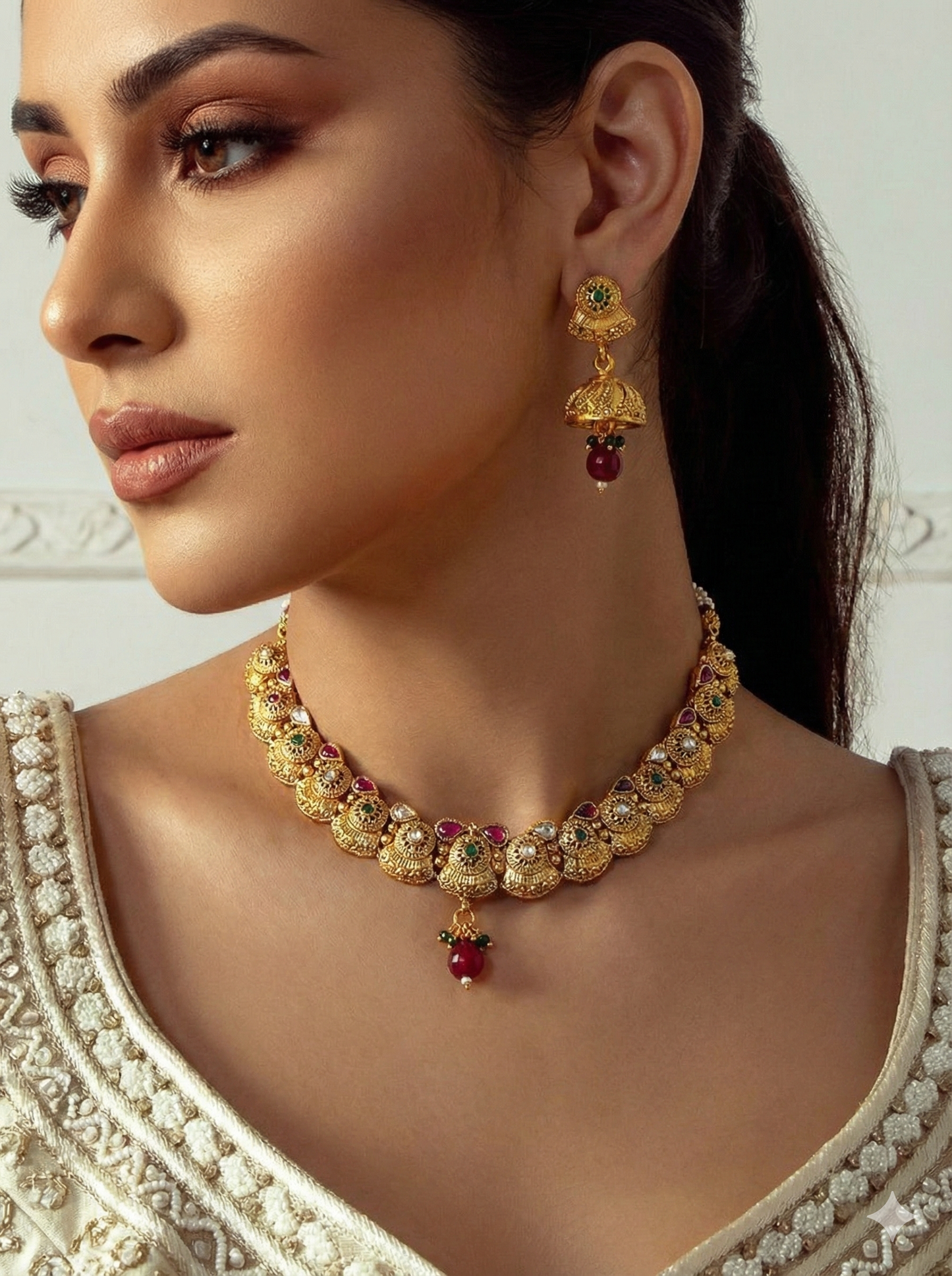 Savya Gold Plated Necklace Set- Ruby, Emerald