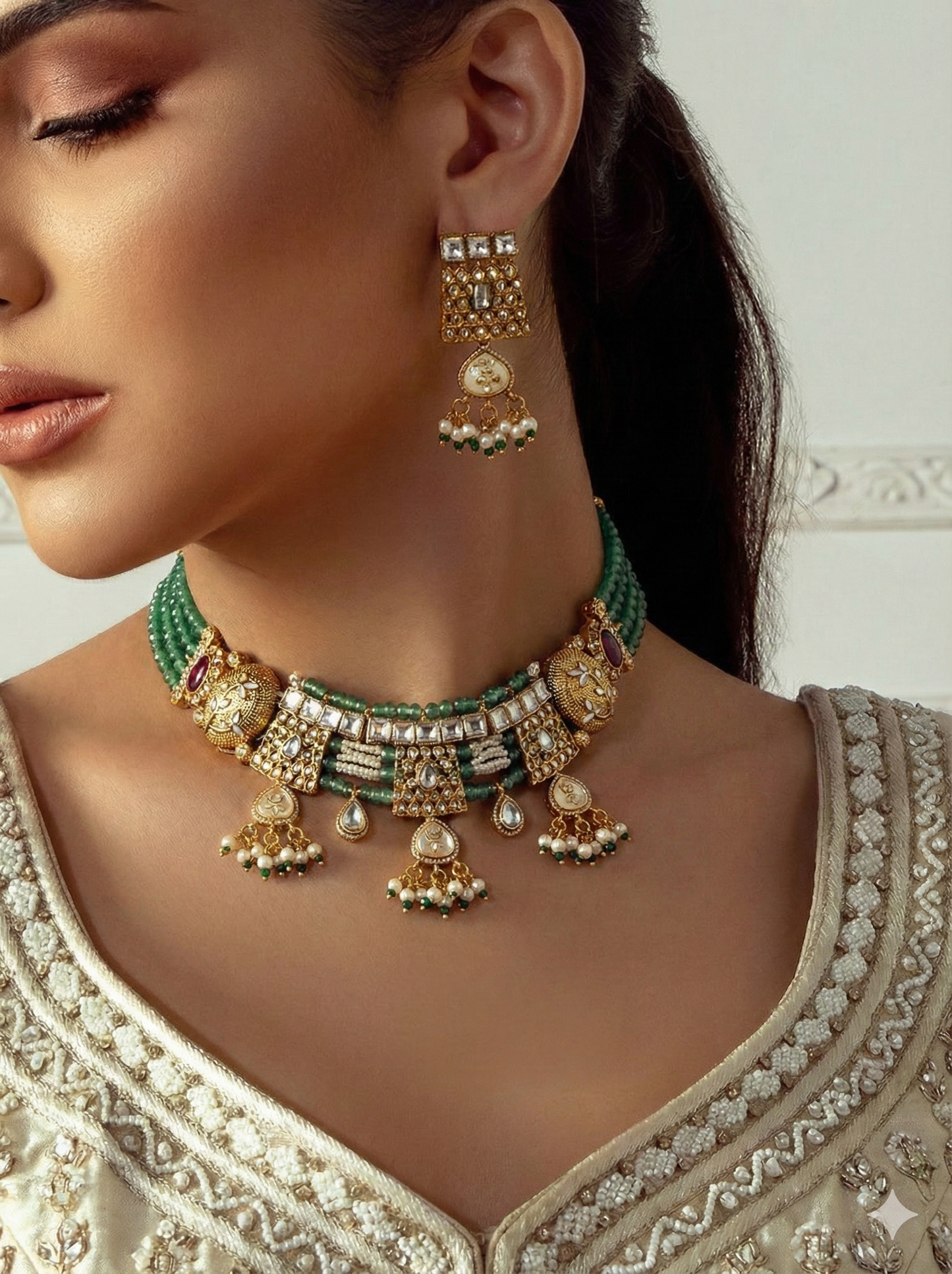 Jivika Gold Plated Necklace Set With Jade Onyx Pearl Strands and Meenakari Work