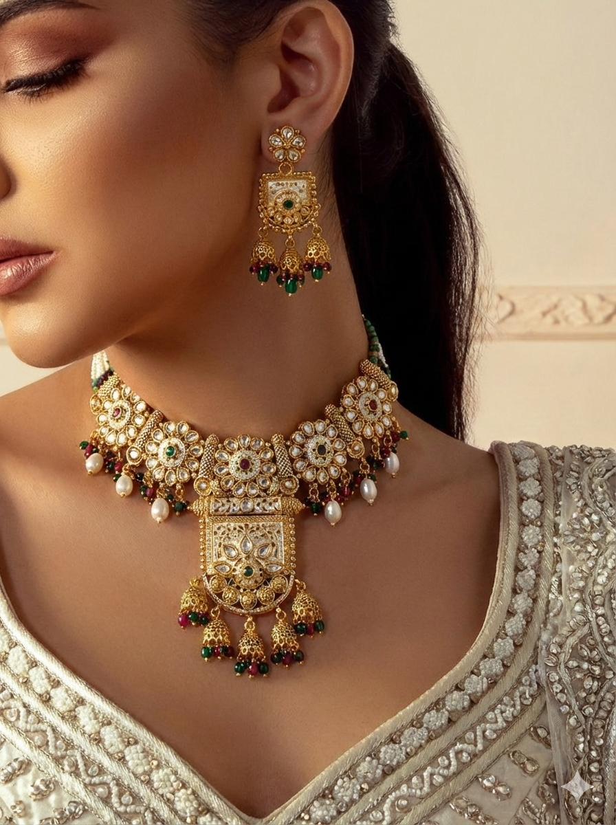 Surili Gold Plated Necklace Set With Meenakari Work and Jade Onyx Pearl Strands