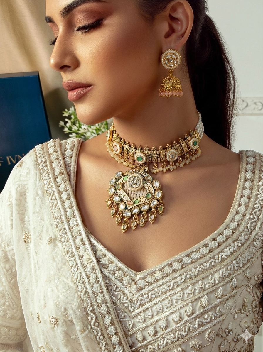 Ipsita Gold Plated Choker Set With Meenakari and Pearl Design- Mint, Pink