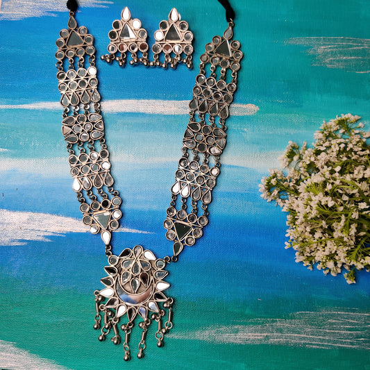 Priyali Mirrorwork Long Silver Necklace With Earrings