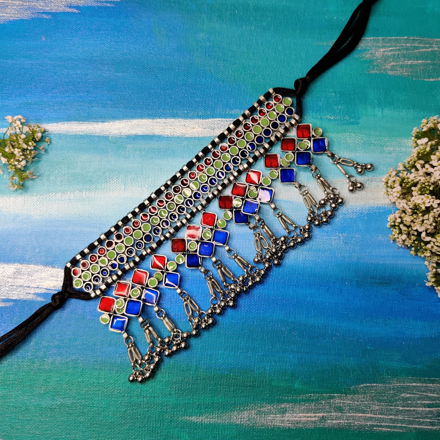 Dhanyasri Silver Choker-Green Blue