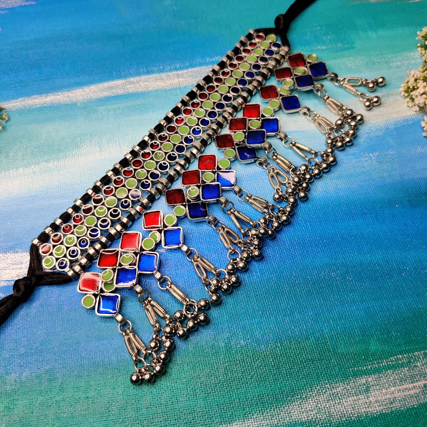 Dhanyasri Silver Choker-Green Blue