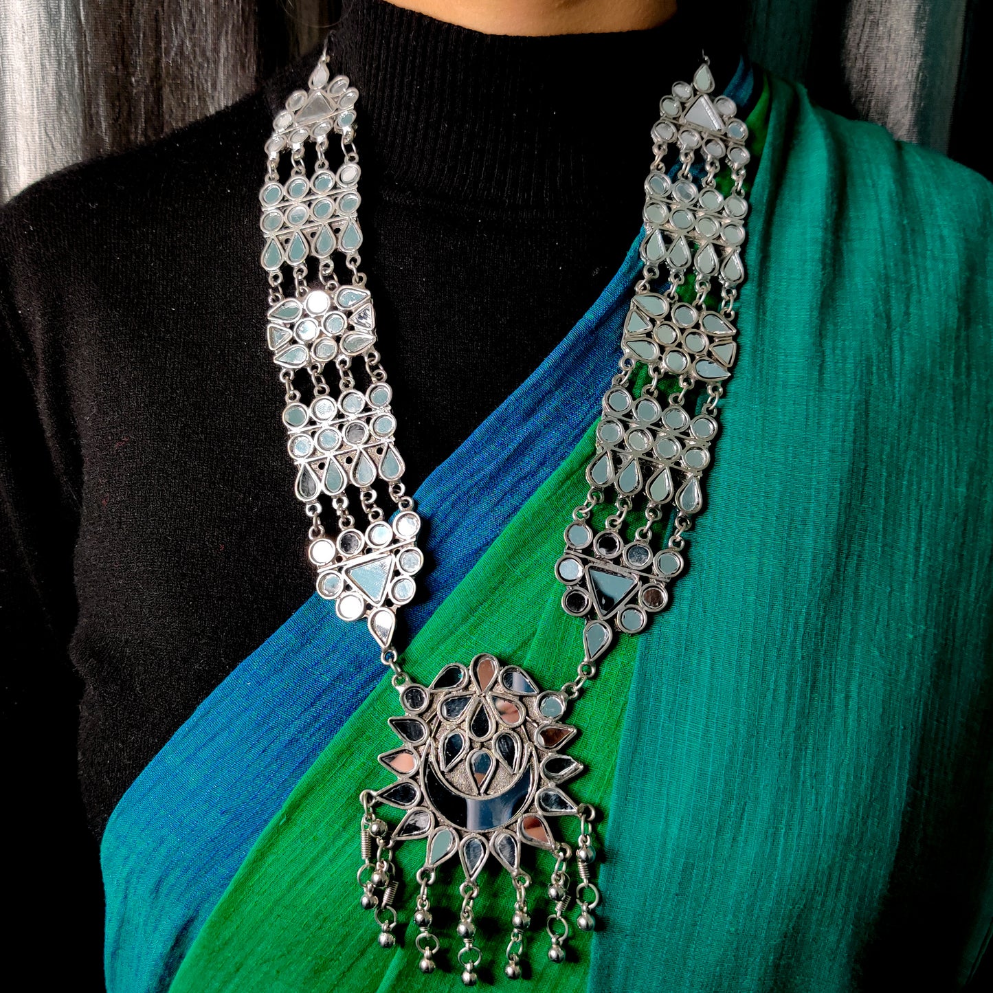Priyali Mirrorwork Long Silver Necklace With Earrings
