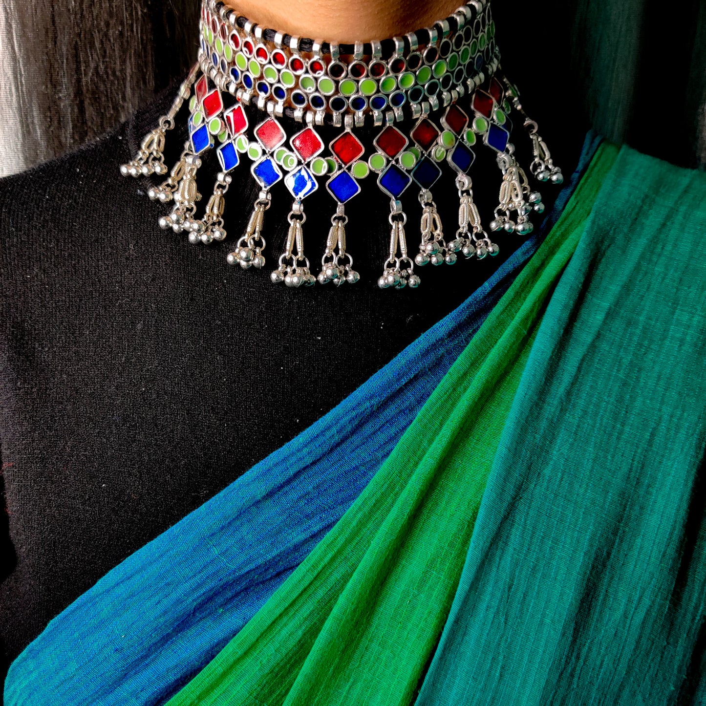 Dhanyasri Silver Choker-Green Blue